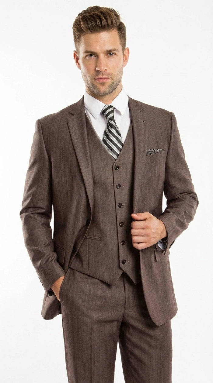 Men’s Brown Sharkskin 3 Piece Suit – Textured Two Button Vested Business Formal Suit for Wedding, Party Wear Elegant
