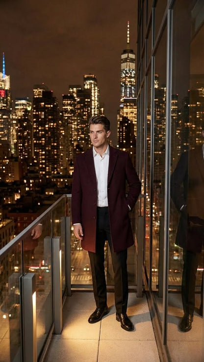Mens Burgundy Mid-Length Overcoat  Classic Fit Wool Blend Dress Coat Three Quarter Carcoat Topcoat