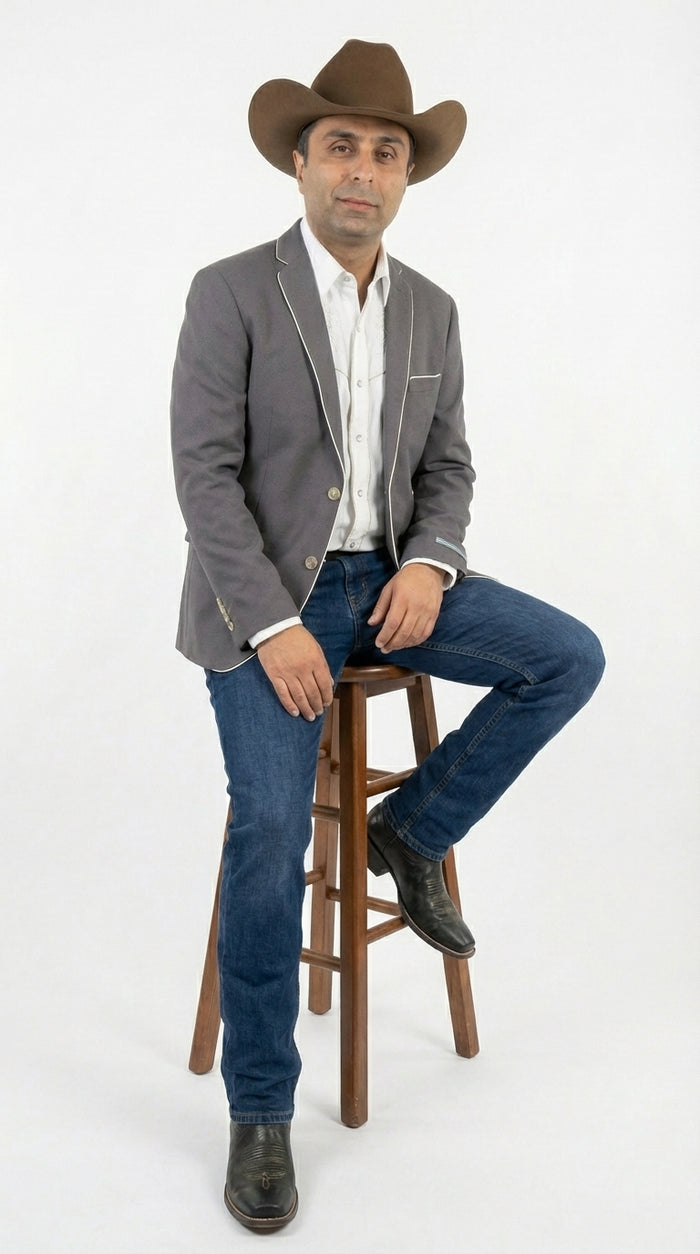 Mens Grey and White Trim Western Blazer – Classic Fit Cowboy Style Contrast Trim Dress Jacket