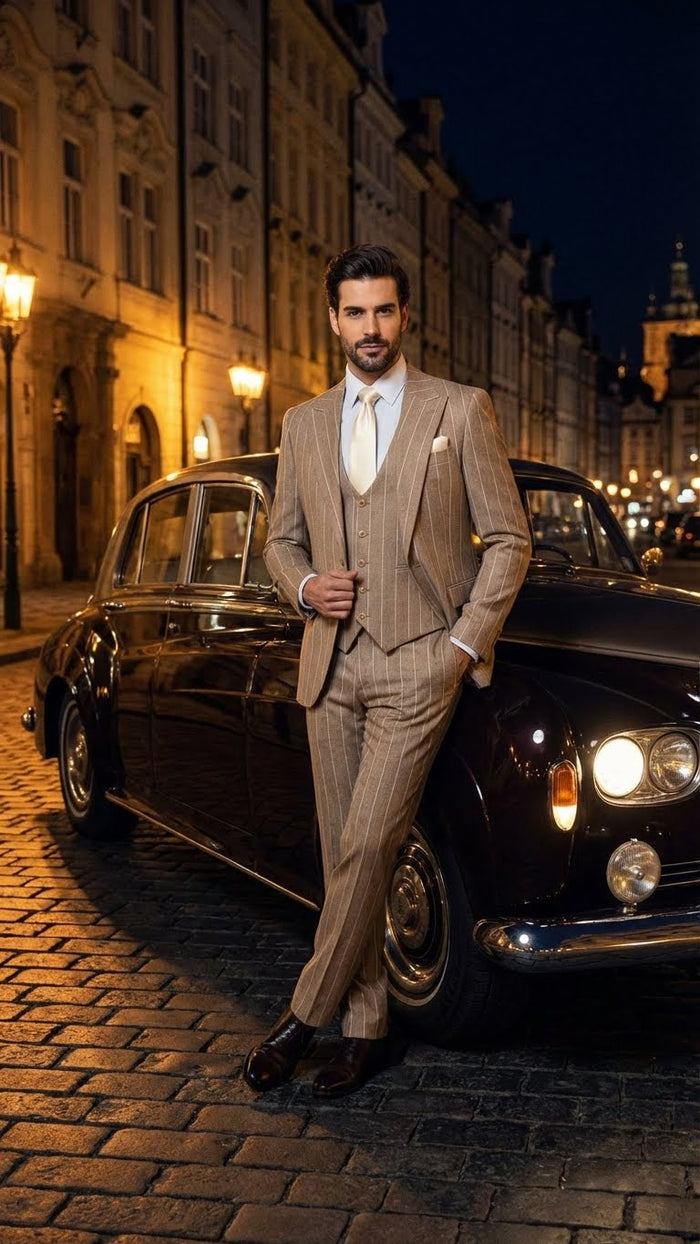 Men's Beige Pinstripe Three-Piece Vested Suit  Tailored Fit  Business Attire in Tan Stripe by Rossiman