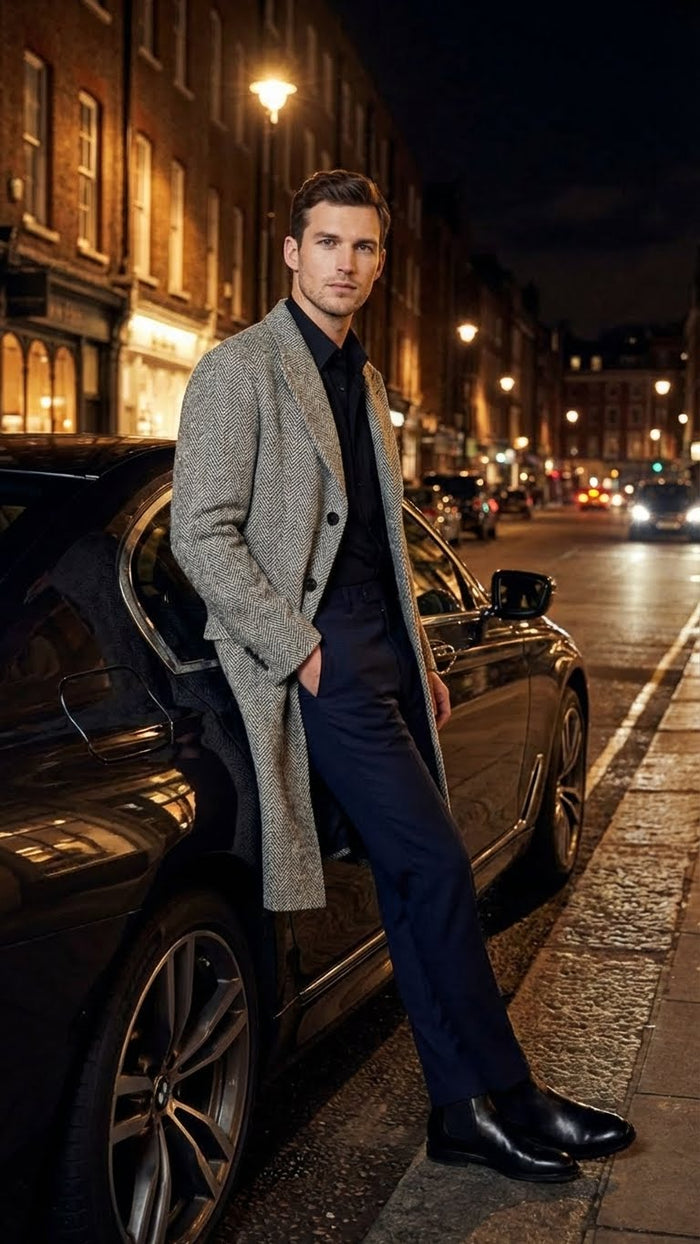 Mens Grey Herringbone Long Overcoat  Tweed Black and White Pattern Wool Topcoat Three Qaurter