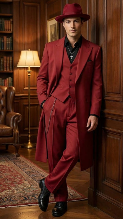 Mens 1920s Red Zoot Suit  Long Mafia Gangster Three-Piece Vintage Outfit Zuit Pachuco Style