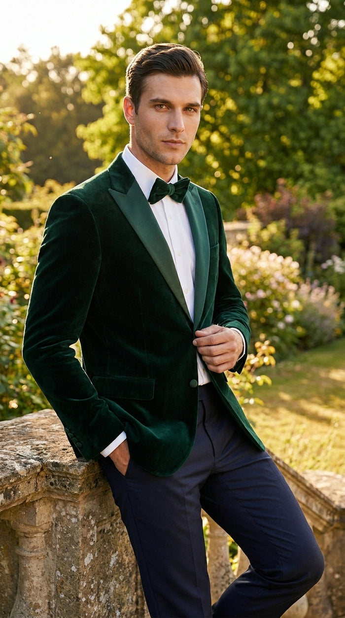 Men’s Hunter Green Velvet Tuxedo Jacket with Peak Lapel, Formal Wedding Prom Dinner Blazer