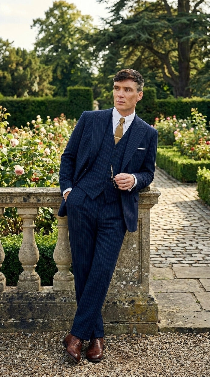 Men’s Navy Blue Pinstripe 3 Piece Suit, Thomas Shelby Inspired Vintage Formal Suit for Weddings, Parties, Prom, and Special Events
