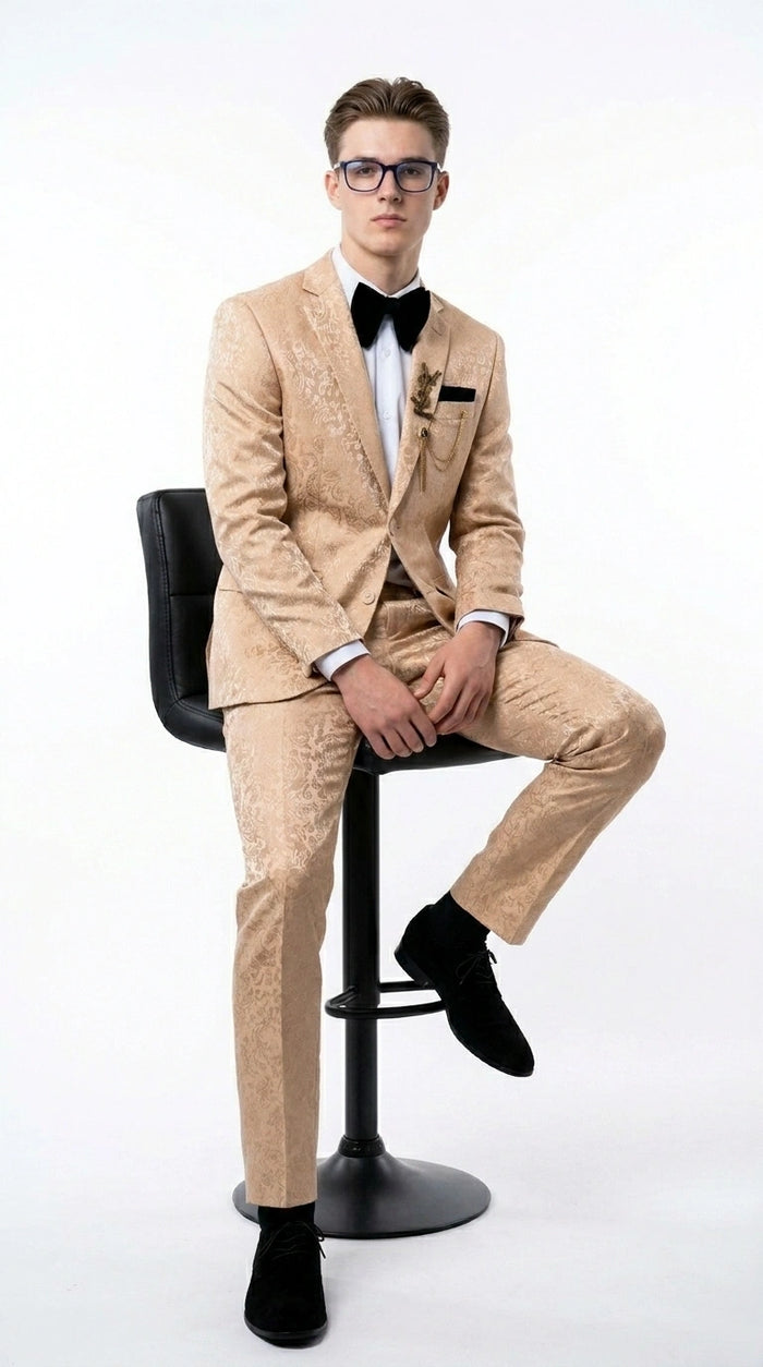 Men’s Champagne Gold Paisley Prom Tuxedo, Formal Dinner Suit for Prom, Weddings, Parties in Tan Color
