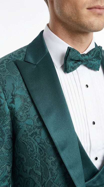 Men’s Hunter Green Paisley Tuxedo – 3 Piece Prom & Wedding Suit with Matching Bow Tie