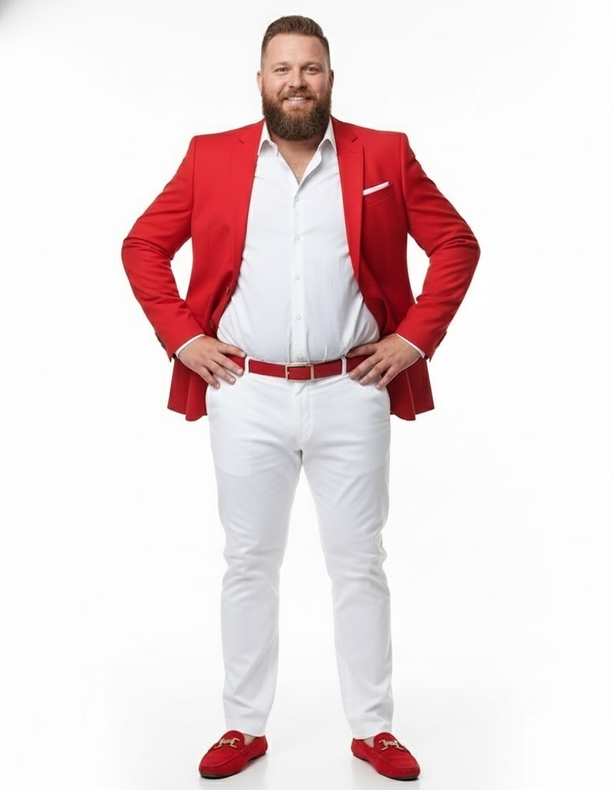 Mens Red Blazer and White Pants Set  Stylish Casual Dress Outfit For New Year Holiday and Christmas Suit