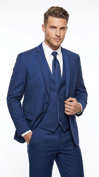 Men’s Blue 3 Piece Vested Tuxedo with 2 Button Jacket, Satin Trim and Matching Pants