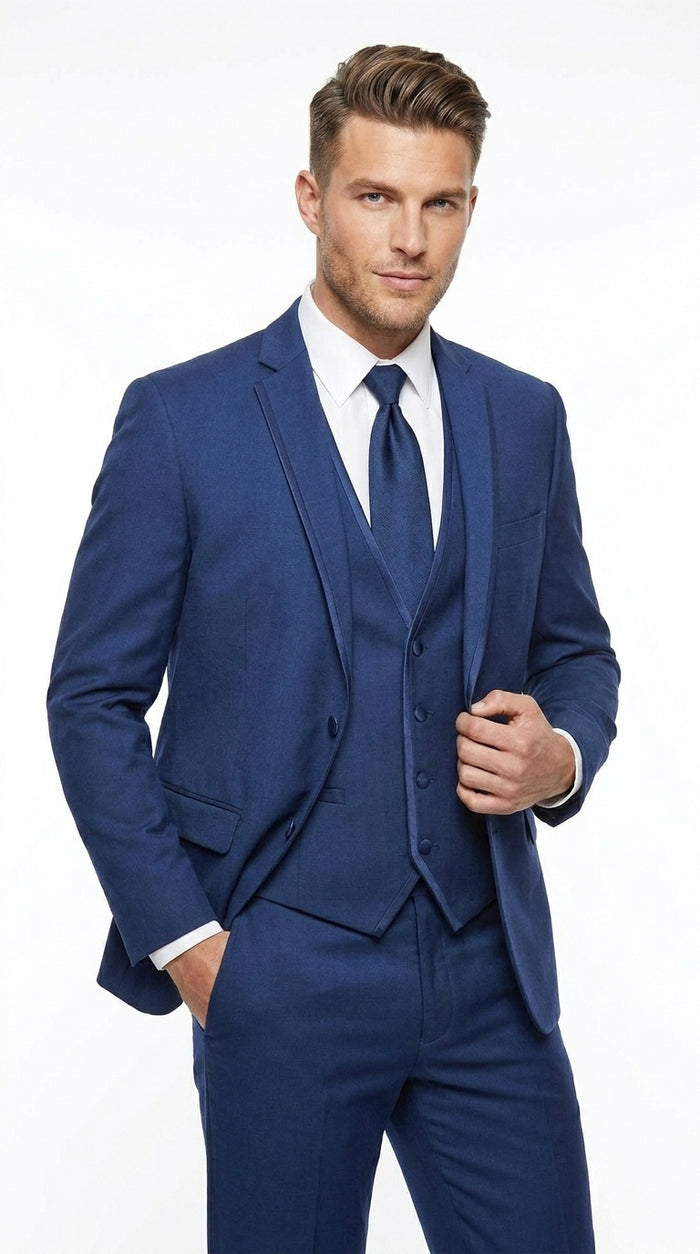 Men’s Blue 3 Piece Vested Tuxedo with 2 Button Jacket, Satin Trim and Matching Pants