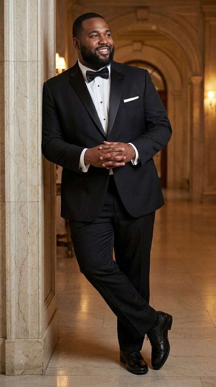 Men’s Black Designer Peak Trim Ashton Tuxedo with Satin Lapel, Formal Wedding Dinner Suit