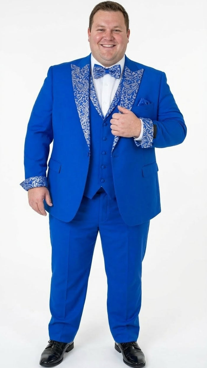 Mens Bright Royal Blue and White lapel  Embellished Tuxedo Suit   3-Piece Formal Wedding, Prom, and Gala Outfit