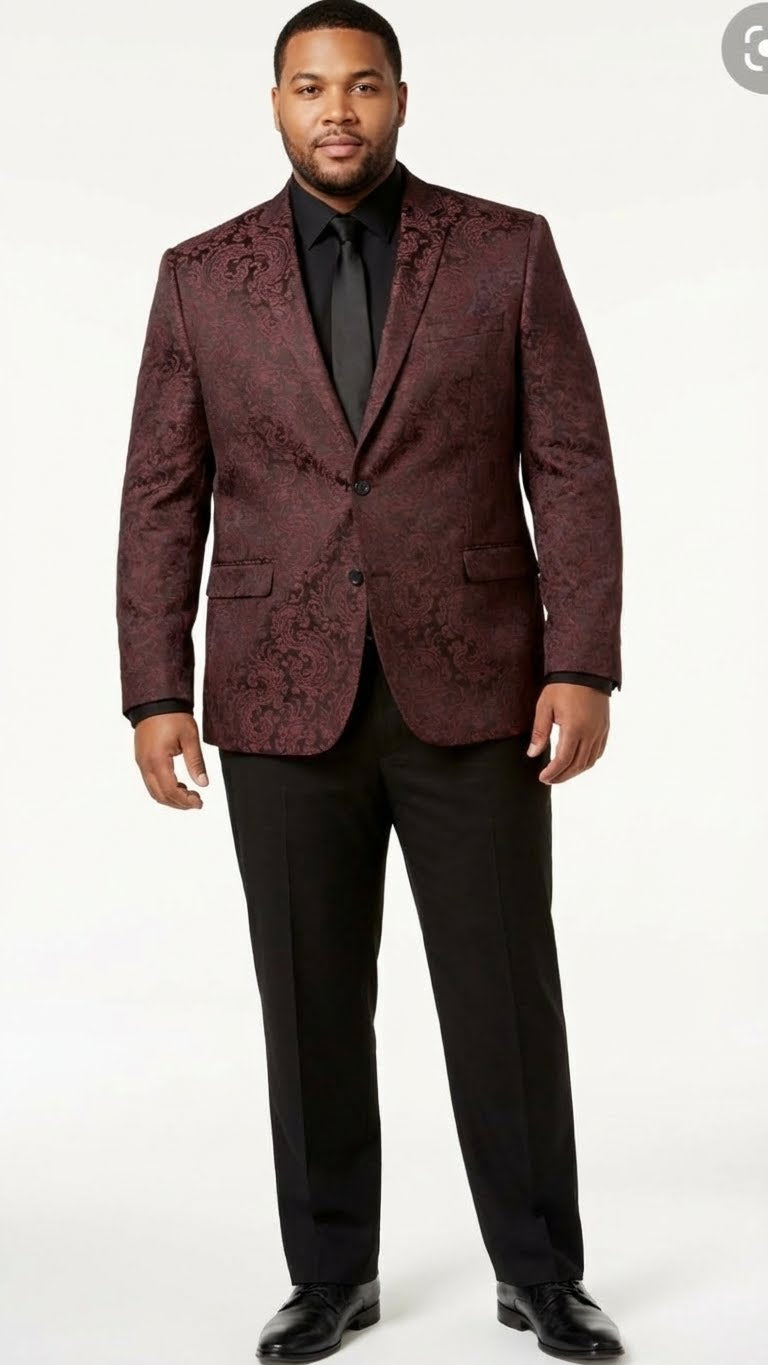 Mens Burgundy Paisley Blazer Sport Coat  Velvet Dinner Jacket floral in Maroon Wine Color Ultra Slim Fit Smoking Jacket