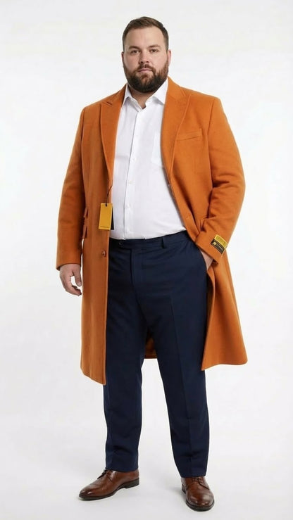 Mens Orange - Rust Wool Blend Long Overcoat  Topcoat Carcoat Topcoat