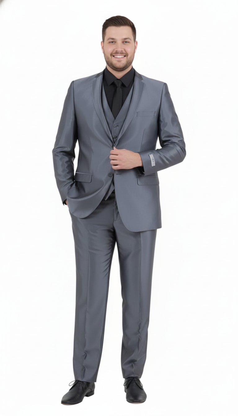 Mens Dark Grey Shiny Two-Piece Suit  Slim Fitted Formal Jacket and Tailored Pants - Sateen Metalic in Charcoal Gray Color