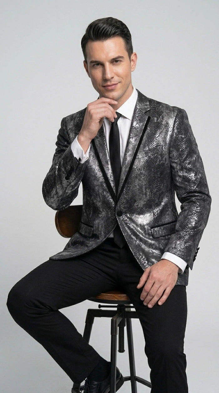 Men’s Black and Charcoal Gray Snakeskin Print Blazer, Animial Exotic Skin Alligator Crocodile Texture