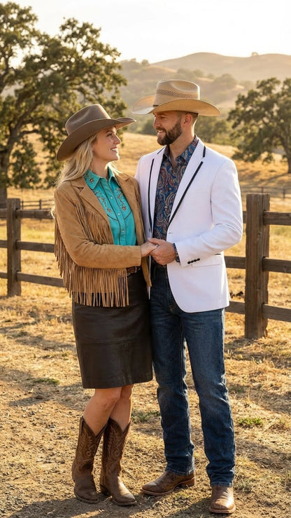 Men’s White Western Blazer with Black Trim – Classic Cowboy Style