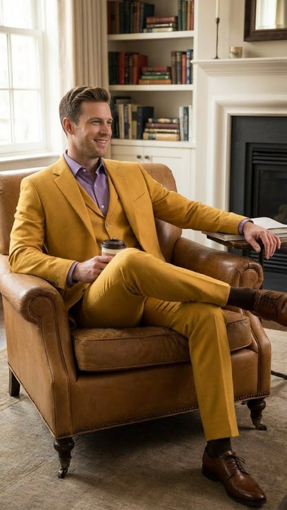 Mens Mustard Yellow Three Piece Suit | 2 Button Notch Lapel Modern Fit in Gold Color - Church Suit