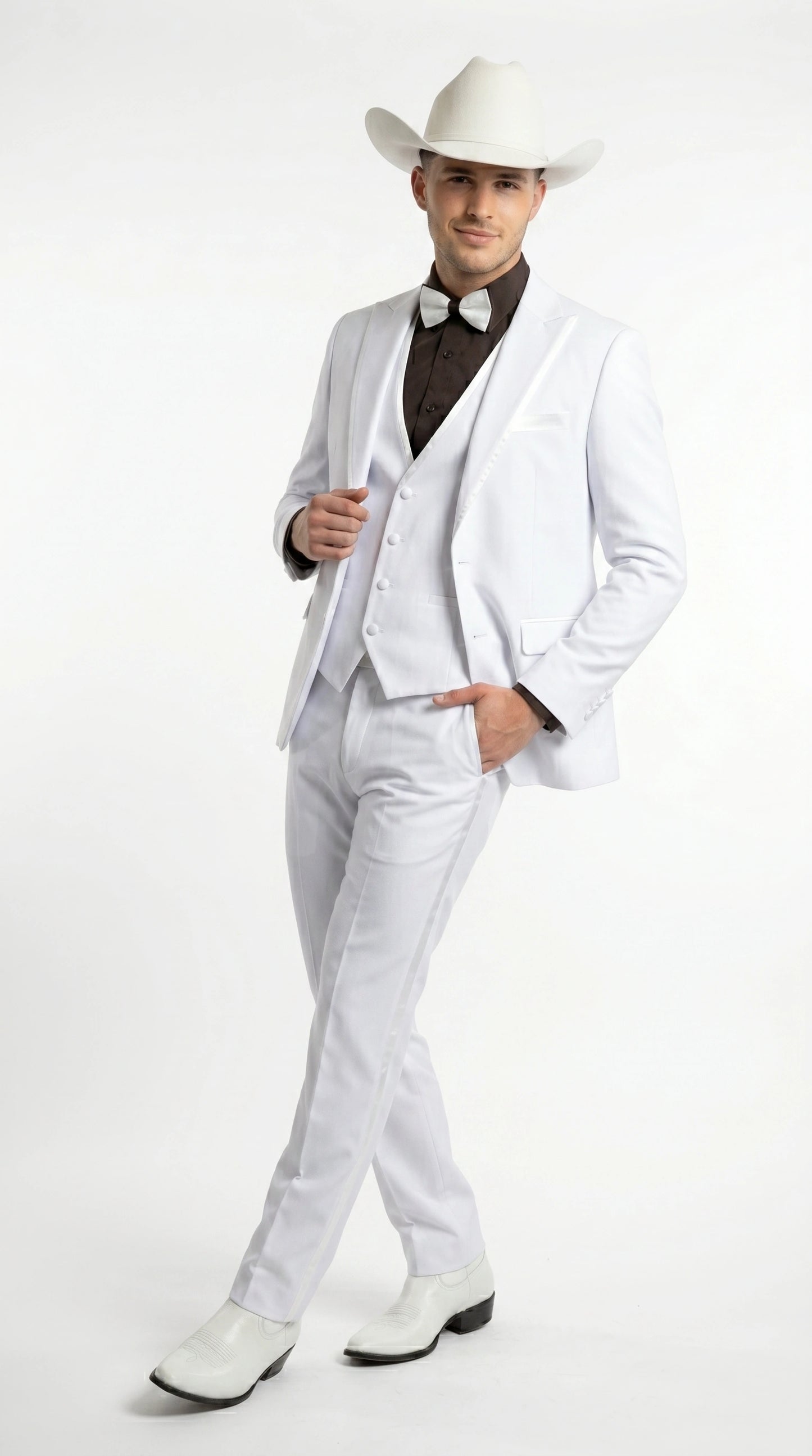 Men’s White Western Cowboy 3 Piece Tuxedo Suit, Formal Wedding Prom Groom Suit Set