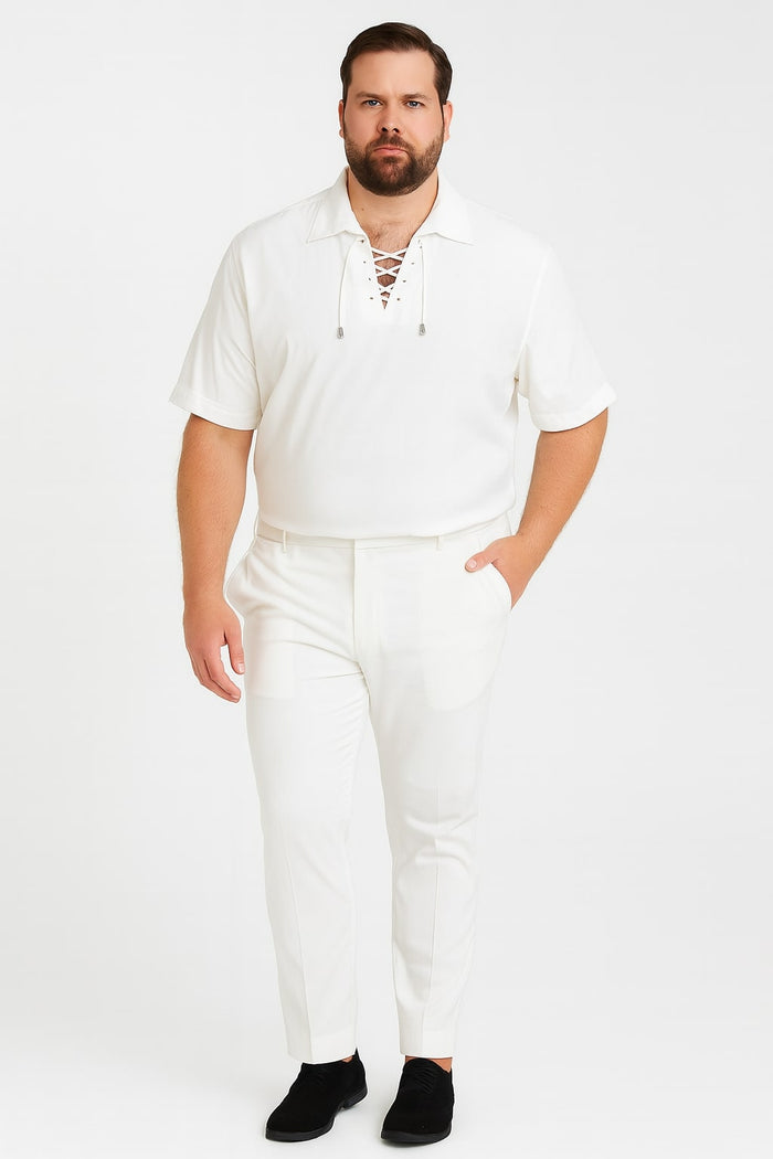 Mens White Lace-Up Renaissance Shirt  Linen Fabric Short Sleeve Casual Pirate Peasant Top
