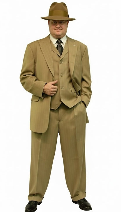 Mens Tan Pinstripe Zoot Suit  1920s Gangster Vintage 3-Piece Suit with Wide-Leg Pants