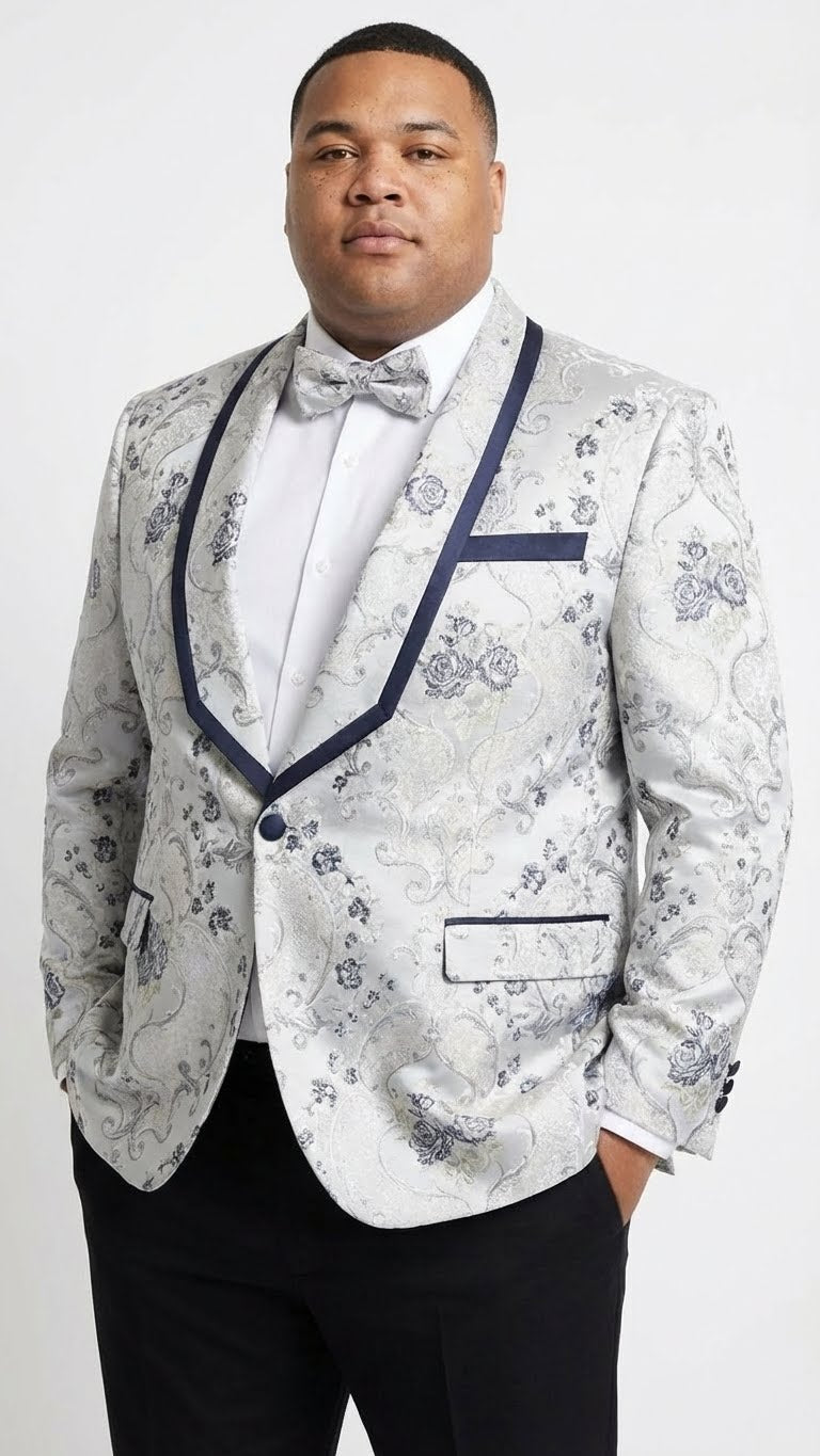 Mens White and Navy Blue Lapel  Floral Jacquard Blazer with Contrast Shawl Lapel  Luxury Wedding and Party Wear Jacket paisley Tuxedo Navy Pants