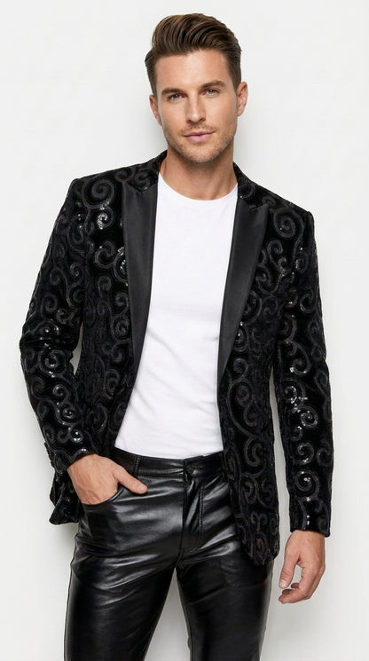 Men’s Black Velvet Sequin Swirl Dinner Jacket – Blazer Paisley Sparkly