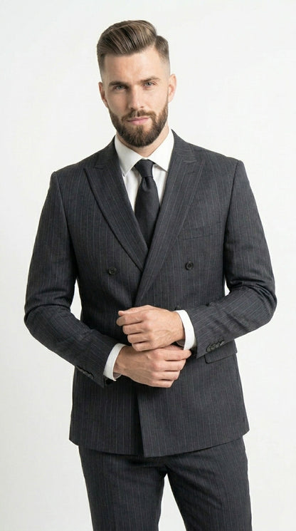 Men’s Black Pinstripe Double Breasted Suit – Classic Formal Business Suit Office and Evening Wear Modern Fit Conservative pattern