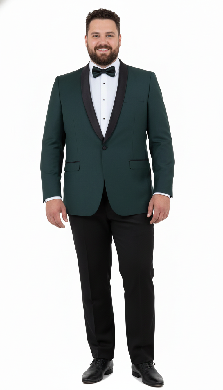 Mens Green Tuxedo Suit  Slim Fit Jacket with Black Satin Shawl Lapel and Black Pants in Hunter Green