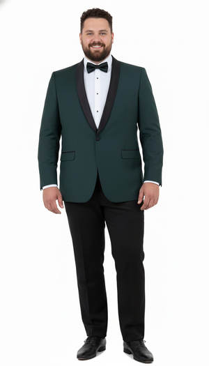 Mens Green Tuxedo Suit  Slim Fit Jacket with Black Satin Shawl Lapel and Black Pants in Hunter Green