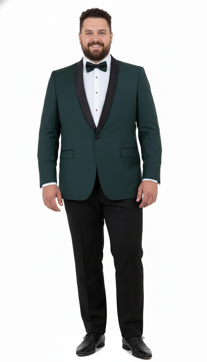 Mens Green Tuxedo Suit  Slim Fit Jacket with Black Satin Shawl Lapel and Black Pants in Hunter Green