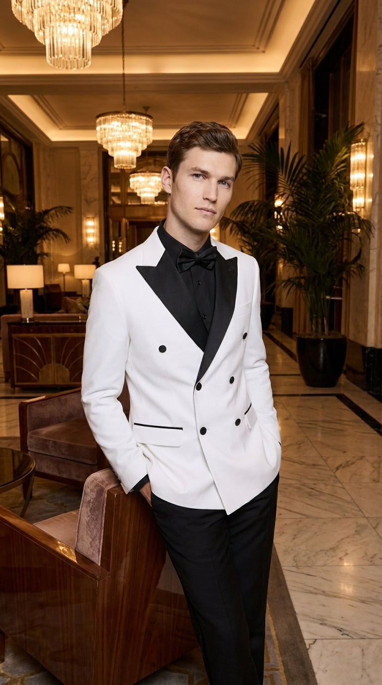 Men's White Double Breasted Tuxedo Dinner Jacket with Black Satin Peak Lapel – Formal Wedding Prom Blazer
