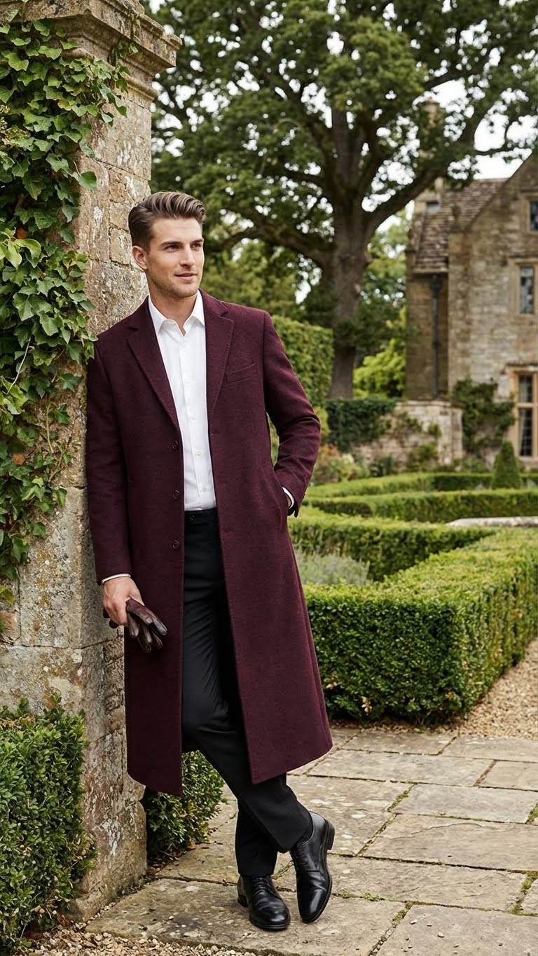 Mens Burgundy Long Coat  Classic Fit Wool Blend Overcoat - Topcoat Full length