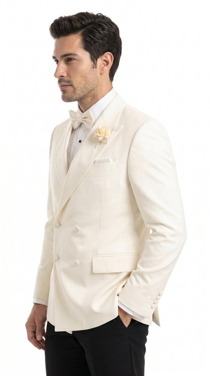 Men’s Ivory Double Breasted Dinner Jacket, Peak Lapel Formal Wedding Prom Tuxedo Blazer in cream off white color