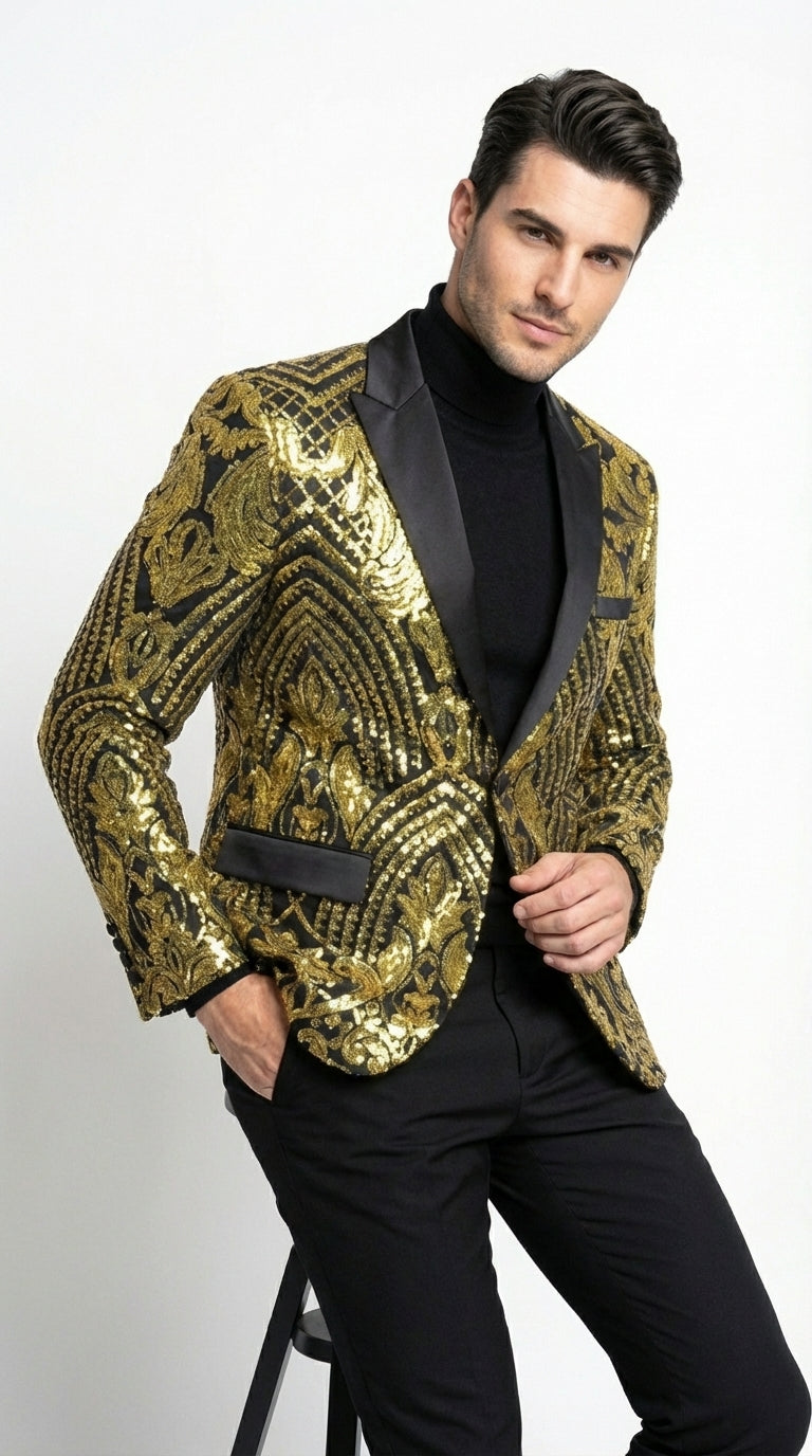 Mens Black and Gold Pattern Blazer – Gold Floral Luxury Formal Blazer Jacket for Prom, Wedding and Party Slim Fitted