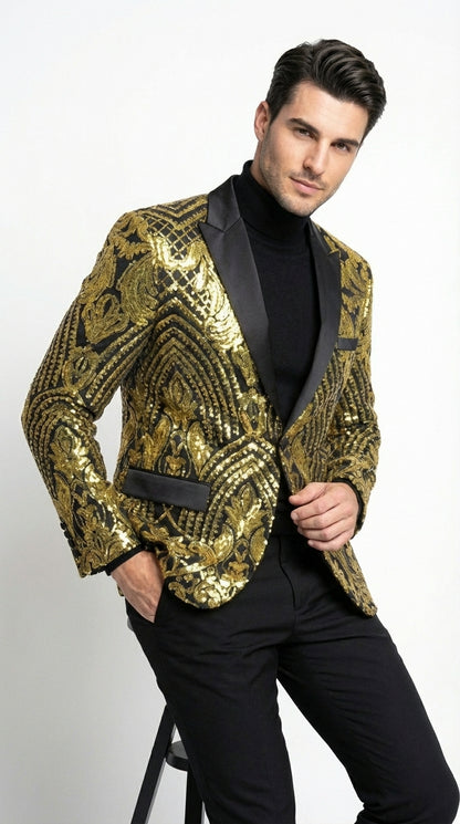 Mens Black and Gold Pattern Blazer – Gold Floral Luxury Formal Blazer Jacket for Prom, Wedding and Party Slim Fitted
