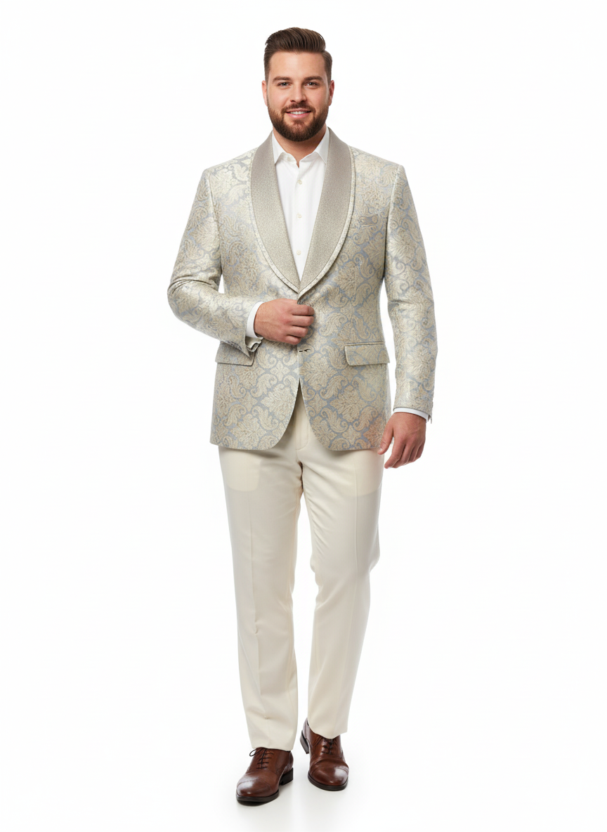 Mens Champaign Silver and Cream Embroidered Luxury Blazer  Floral Pattern Wedding & Party Dinner Jacket in Light Tan Color