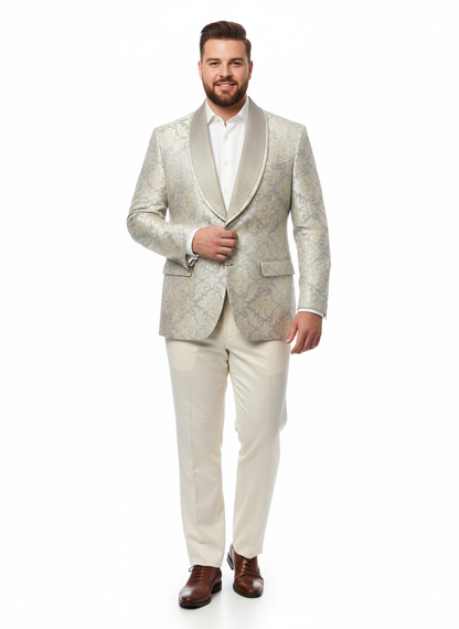 Mens Champaign Silver and Cream Embroidered Luxury Blazer  Floral Pattern Wedding & Party Dinner Jacket in Light Tan Color