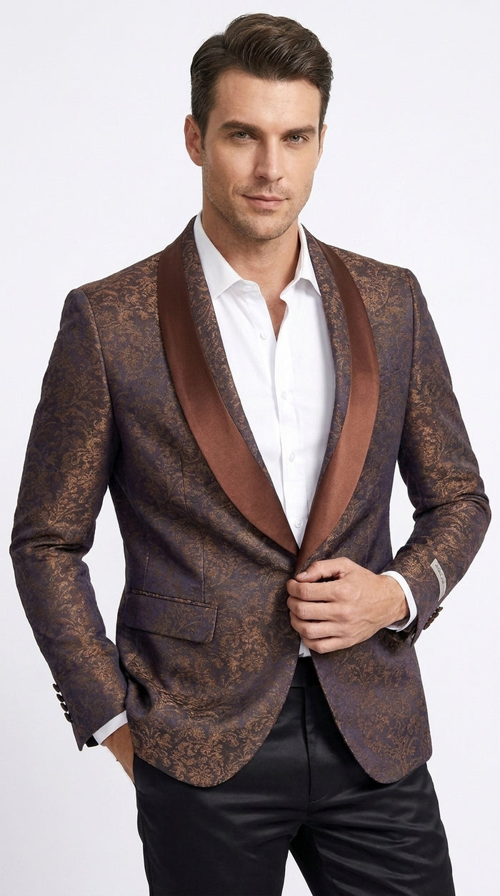 Men’s Light Brown Paisley Tuxedo Jacket, Wedding Prom Dinner Blazer with Satin Shawl Lapel