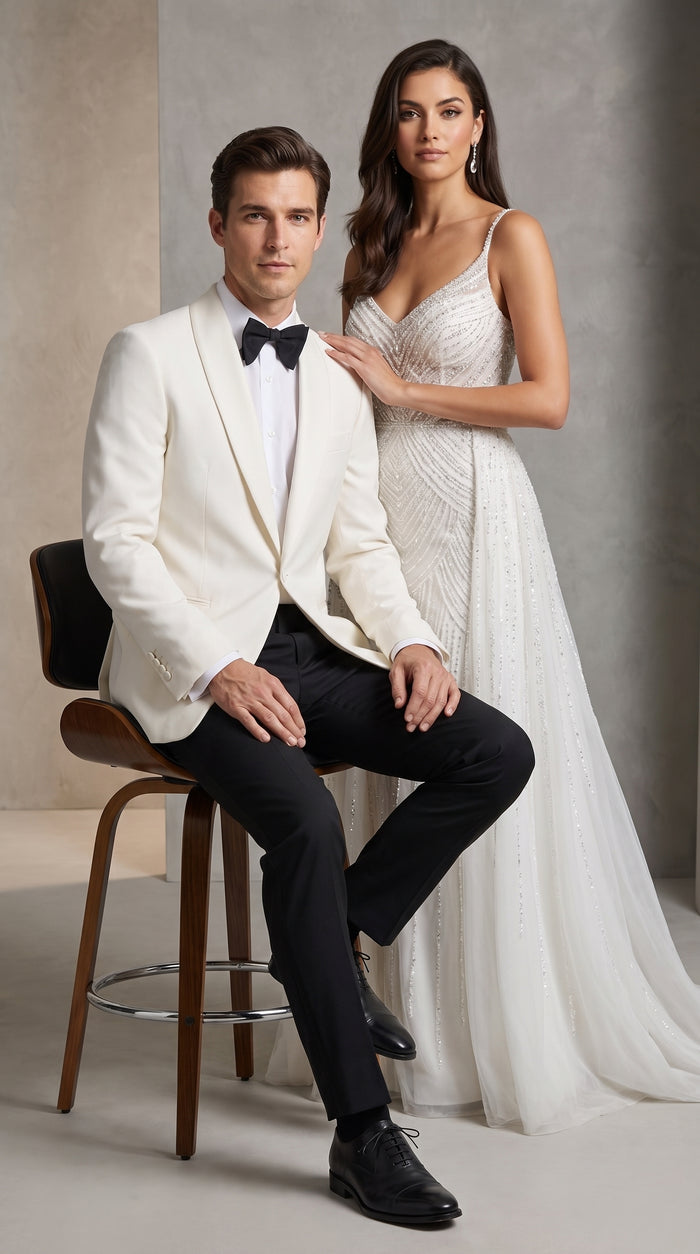 Men’s Vintage Hollywood Ivory Tuxedo – Black Shawl Lapel Wedding, Prom and Formal Dinner Jacket with Black Pants