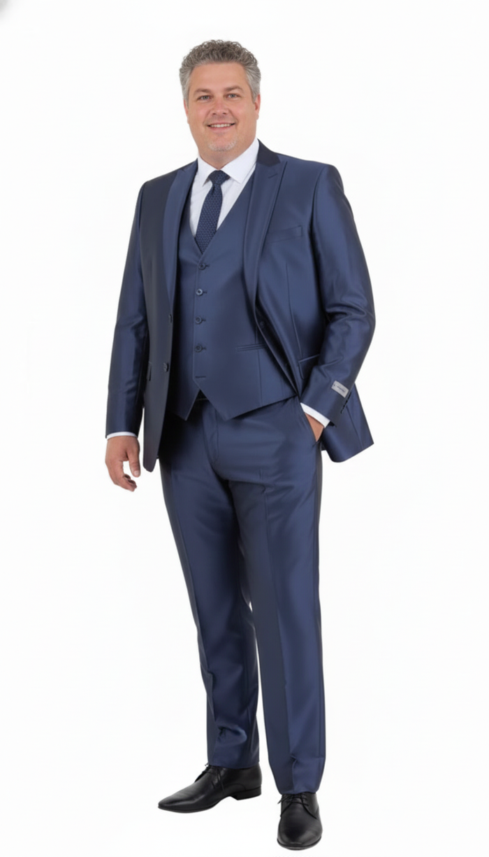Mens Navy Blue Shiny Finish 3-Piece Suit Set  Premium Tailored Fit Formal Wedding and Party Sateen Slim Fitted Suit