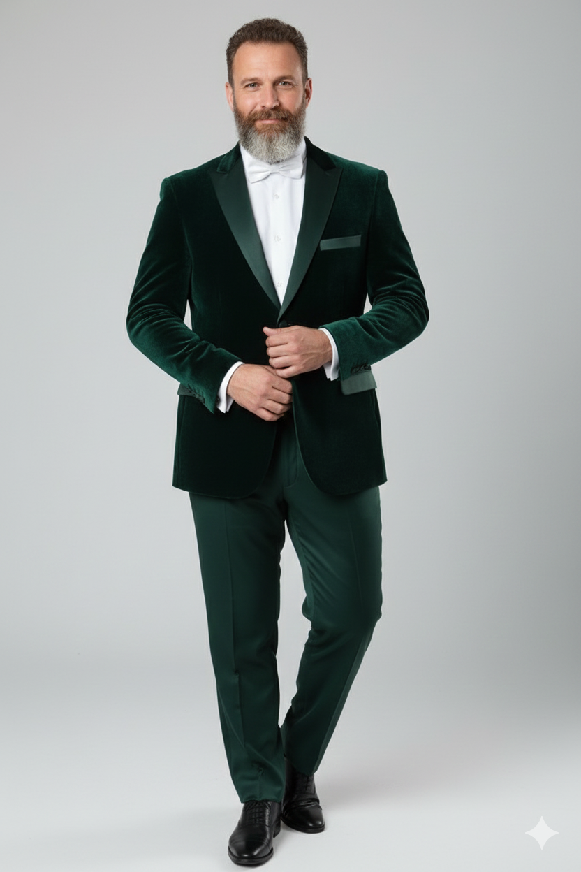 Mens Dark Green Velvet Tuxedo Dinner Jacket  Slim Fit Formal Blazer with Satin Peak Lapel Lape