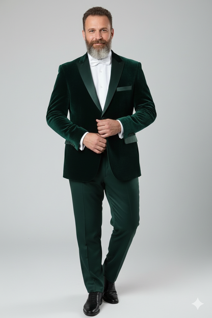 Mens Dark Green Velvet Tuxedo Dinner Jacket  Slim Fit Formal Blazer with Satin Peak Lapel Lape