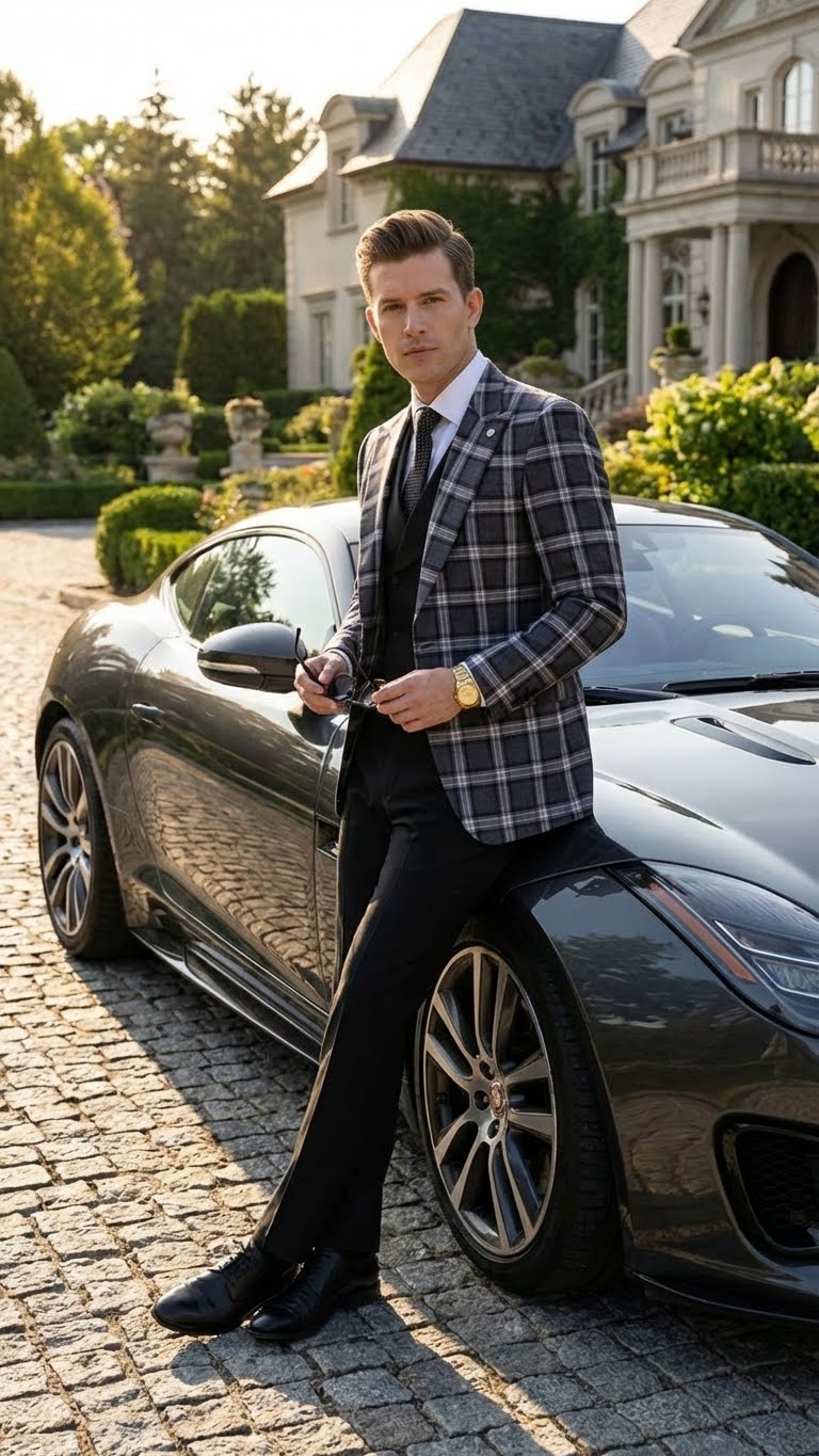 Men’s Big and Tall Charcoal Gray and Black Plaid Blazer – Grey Checker Windowpane Sport Coat