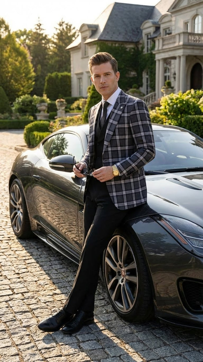Mens Big and Tall Charcoal Gray and Black Plaid Blazer  Grey Checker Windowpane Sport Coat