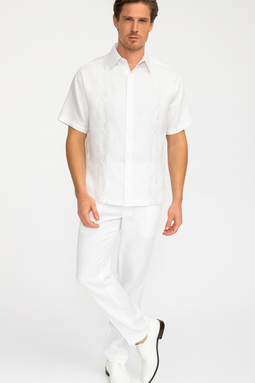Mens White Embroidered Guayabera Two-Piece Set  Short Sleeve Shirt and Pants