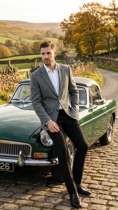 Men’s Grey Harris Tweed Blazer Jacket, Classic Herringbone Wool Sport Coat for Business Casual