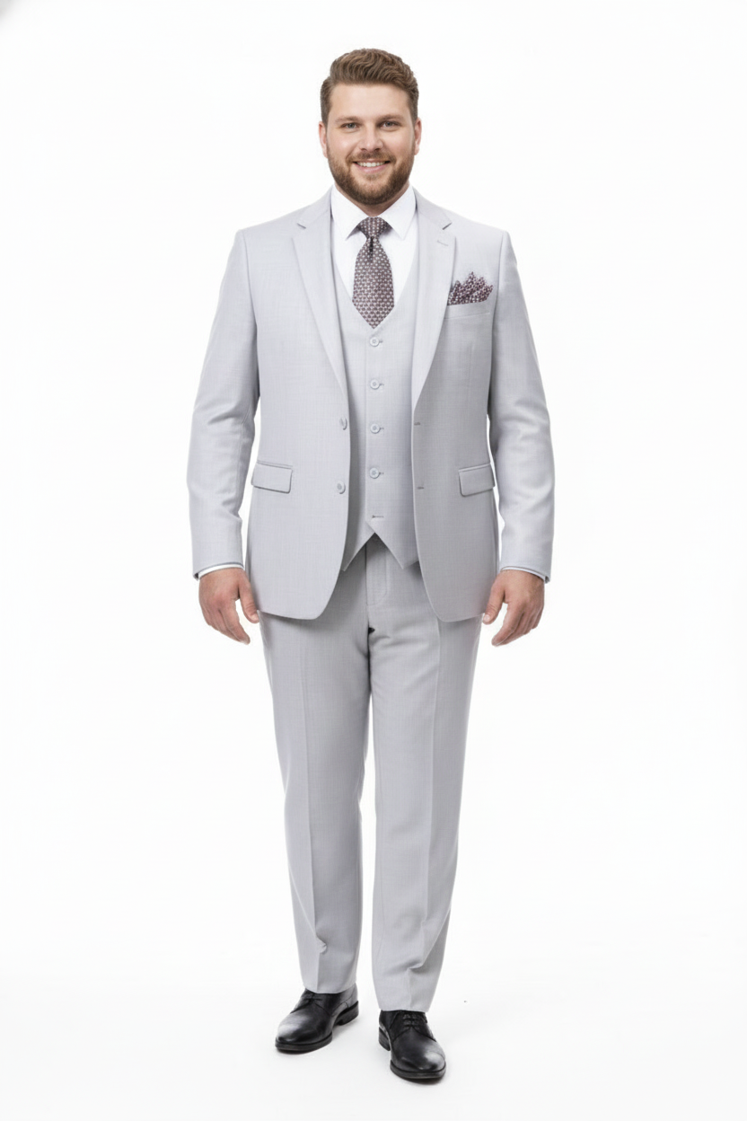 Mens Very Light Gray Three-Piece  Wedding Suit 2 Buttons Modern or Slim Fit  Ash Bone Color Steel Grey