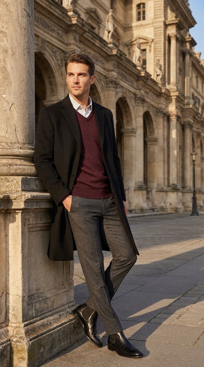 Men’s Big and Tall Black Cashmere Overcoat – Full-Length Winter Dress Coat for Business and Formal Wear