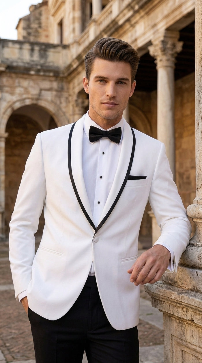 Men’s White Tuxedo Jacket – Black Trim Shawl Lapel Formal Dinner Blazer for Weddings, Prom Wedding Blazer Modern fit