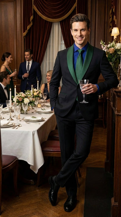Men’s Black Suit with Hunter Green Shawl Lapel – Black and Hunter Green Formal Tuxedo Suit for Wedding, Prom With Bow Tie